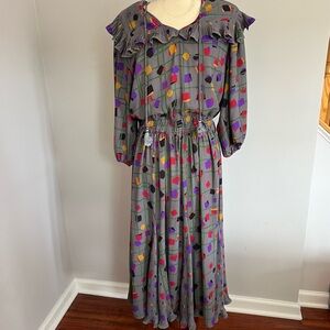 Vintage 80s Diane Freis Georgette Dress L XL Long Sleeves Gray Geometric Pattern